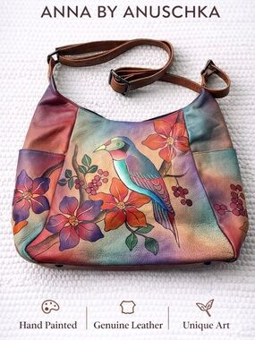 Anna by Anuschka Hand Painted Leather Hobo Bag Hummingbird Floral Art